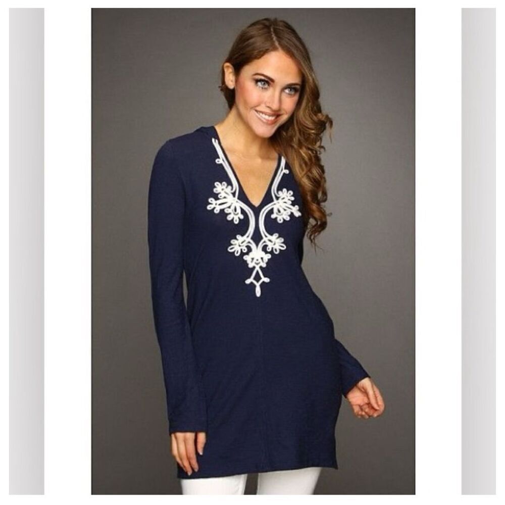 Lilly Pulitzer Noelle Embroidered Hooded Tunic True Navy Size X-Large